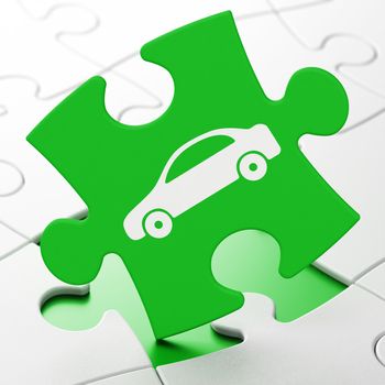Tourism concept: Car on Green puzzle pieces background, 3D rendering