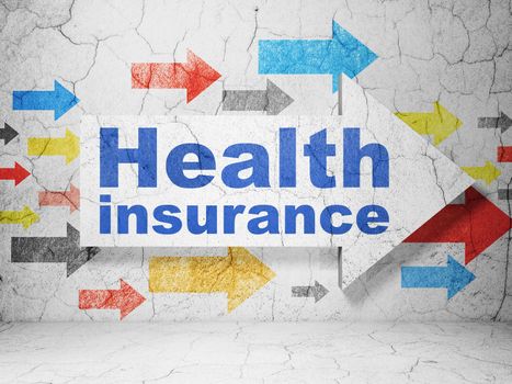 Insurance concept:  arrow with Health Insurance on grunge textured concrete wall background, 3D rendering
