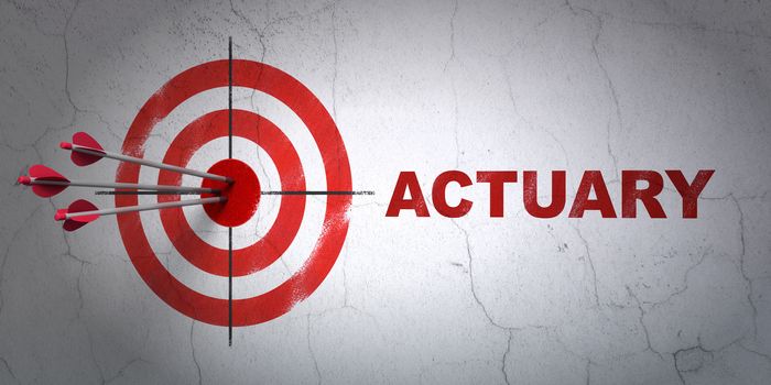 Success Insurance concept: arrows hitting the center of target, Red Actuary on wall background, 3D rendering