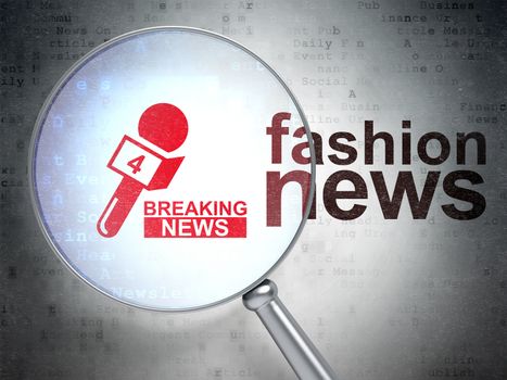 News concept: magnifying optical glass with Breaking News And Microphone icon and Fashion News word on digital background, 3D rendering