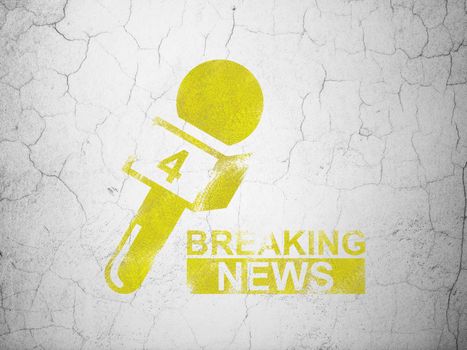 News concept: Yellow Breaking News And Microphone on textured concrete wall background