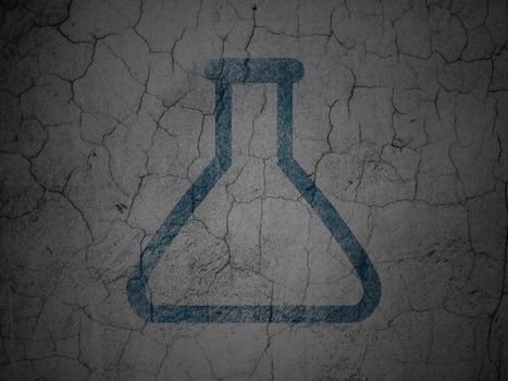 Science concept: Blue Flask on grunge textured concrete wall background