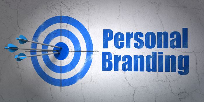 Success advertising concept: arrows hitting the center of target, Blue Personal Branding on wall background, 3D rendering