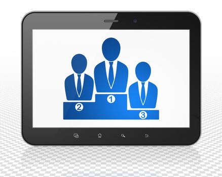 Business concept: Tablet Pc Computer with blue Business Team icon on display, 3D rendering