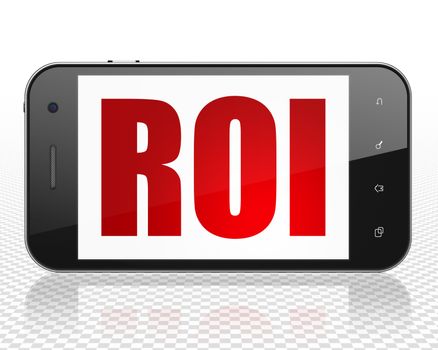 Finance concept: Smartphone with red text ROI on display, 3D rendering