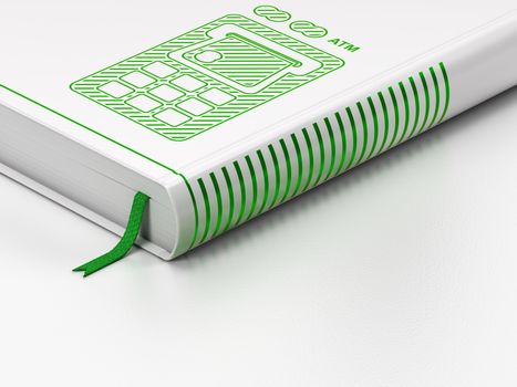 Currency concept: closed book with Green ATM Machine icon on floor, white background, 3D rendering