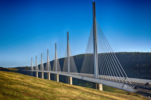 Millau, France - August 21, 2016: The Millau Viaduct Is The Tallest Bridge In The World with One Mast's Summit At 343 Metres Above The Base Of The Structure. Aveyron, Midi Pyrenees, France