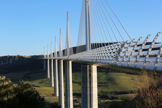 Millau, France - August 21, 2016: The Millau Viaduct Is The Tallest Bridge In The World with One Mast's Summit At 343 Metres Above The Base Of The Structure. Aveyron, Midi Pyrenees, France