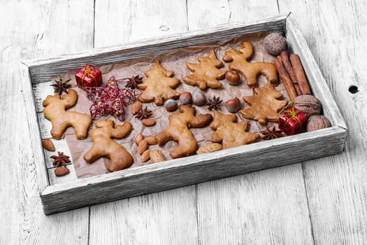 Homemade Christmas cookies holiday symbols in a wooden box