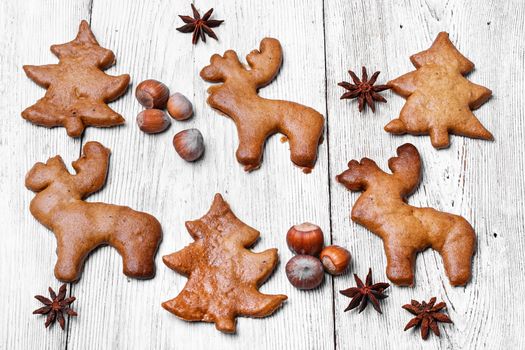 Christmas cookies in the shape of Christmas tree and a reindeer