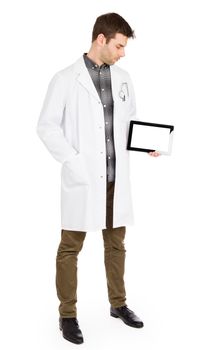 Doctor holding blank digital tablet with copy space and clipping path for the screen