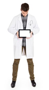 Doctor holding blank digital tablet with copy space and clipping path for the screen