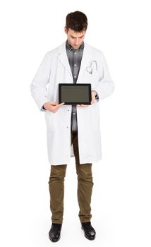 Doctor holding blank digital tablet with copy space and clipping path for the screen