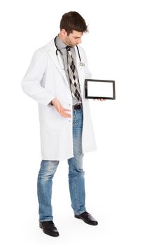 Doctor holding blank digital tablet with copy space and clipping path for the screen