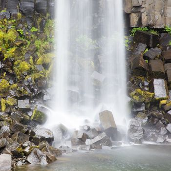 Svartifoss (Black Fall), Skaftafell, Iceland. Dramatic waterfall surrounded by dark basalt lava hexagonal columns