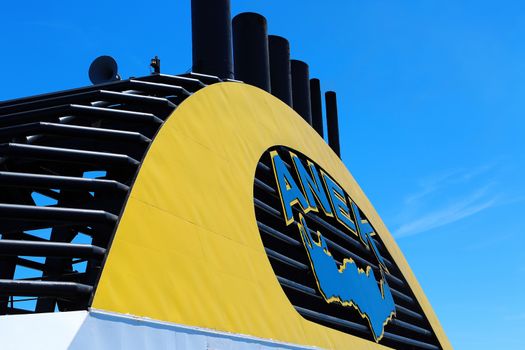 Igoumenitsa, Greece - August 3, 2016: Close Up On Chimneys Of A Ferry (Company Anek Lines). Anek Lines Is The Largest Passenger Shipping Company In Greece
