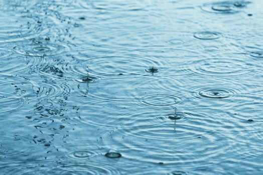 Raindrops creating concentric circles and droplets on a puddle water surface