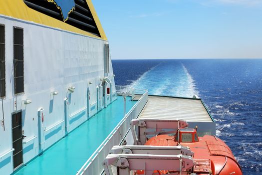 Igoumenitsa, Greece - August 3, 2016: Ferry Deck View With Life Boats of a Hellenic Spirit Ferry, Anek Company. Anek Lines Is The Largest Passenger Shipping Company In Greece