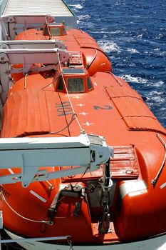 Igoumenitsa, Greece - August 3, 2016: Safety Lifeboats on Deck of a Hellenic Spirit Ferry of Anek Company. Anek Lines Is The Largest Passenger Shipping Company In Greece