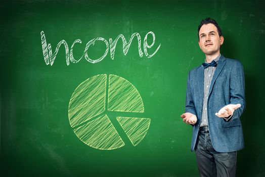 Businessman presenting income on a green chalkboard