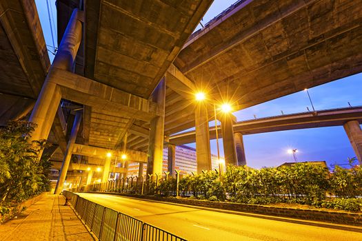 Night landscape , park under highway, Industrial ring, bridge in hong kong city