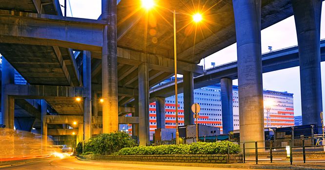 Night landscape , park under highway, Industrial ring, bridge in hong kong city