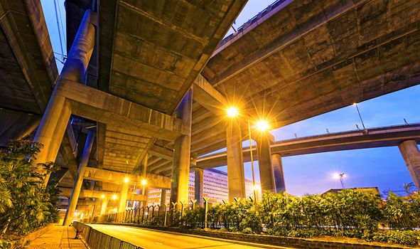 Night landscape , park under highway, Industrial ring, bridge in hong kong city