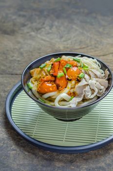 Korean hot spicy noodles with kimchi and seafood