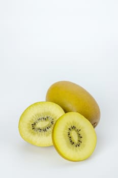 delicious whole kiwi fruit and half on white background