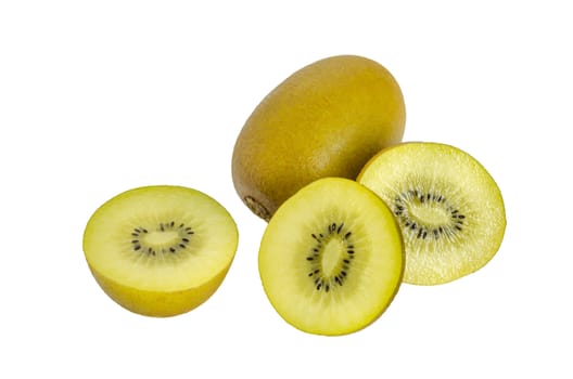 delicious whole kiwi fruit and half on white background