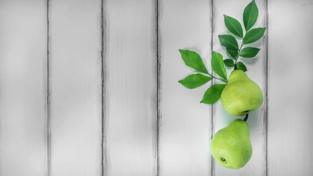 top view fresh pears on the wooden background, Free space for text