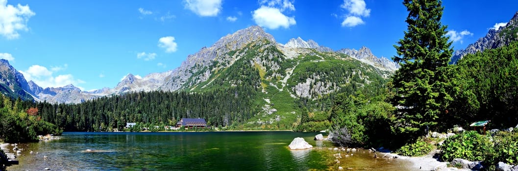 Panorama of glacial lake Popradske pleso in High Tatras.
