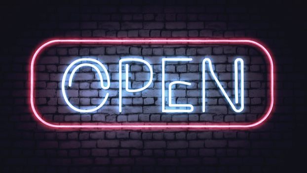 Neon OPEN sign on a white brick wall. Illustration. 