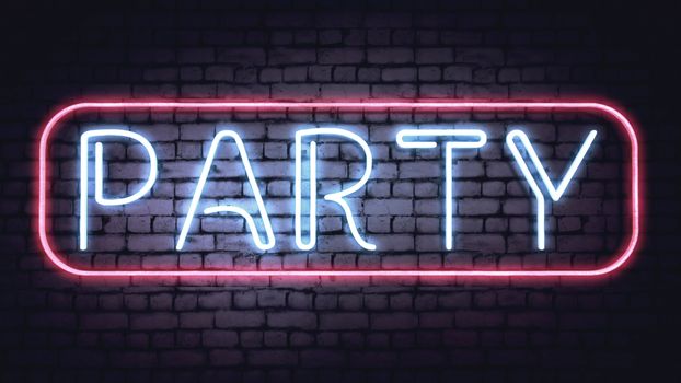 Neon PARTY sign on a white brick wall. Illustration. 