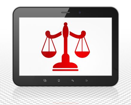 Law concept: Tablet Pc Computer with red Scales icon on display, 3D rendering