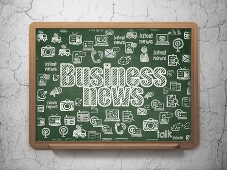 News concept: Chalk White text Business News on School board background with  Hand Drawn News Icons, 3D Rendering