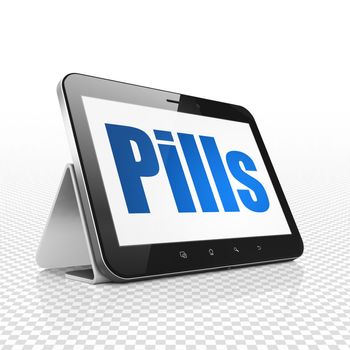Health concept: Tablet Computer with  blue text Pills on display,  Tag Cloud background, 3D rendering