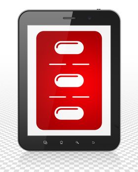 Healthcare concept: Tablet Pc Computer with red Pills Blister icon on display, 3D rendering