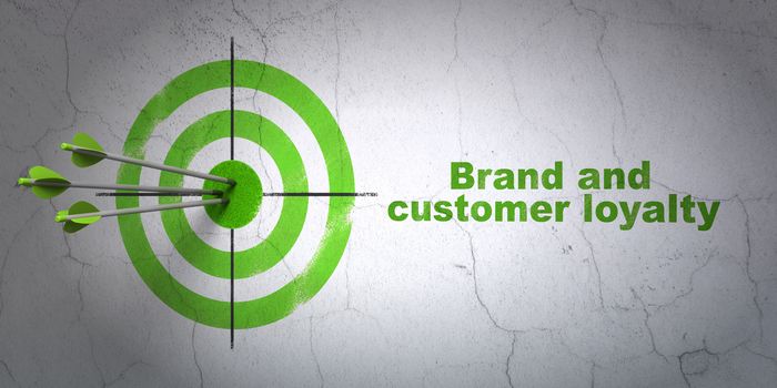 Success advertising concept: arrows hitting the center of target, Green Brand and Customer loyalty on wall background, 3D rendering