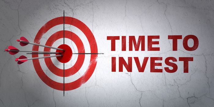 Success timeline concept: arrows hitting the center of target, Red Time To Invest on wall background, 3D rendering