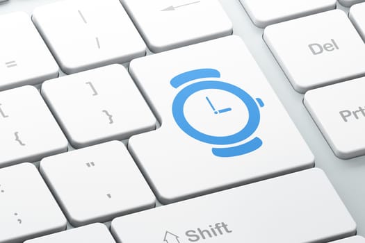 Time concept: Enter button with Watch on computer keyboard background, 3D rendering