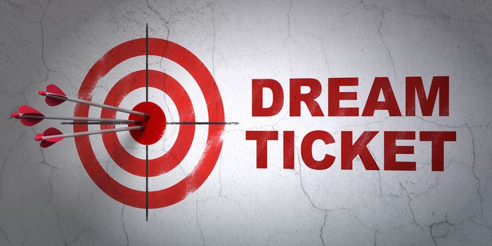 Success business concept: arrows hitting the center of target, Red Dream Ticket on wall background, 3D rendering