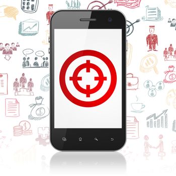 Finance concept: Smartphone with  red Target icon on display,  Hand Drawn Business Icons background, 3D rendering