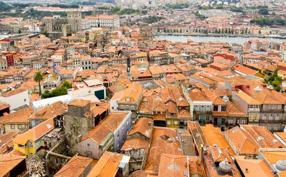 Aerial view over ancient city Porto with roofs