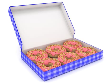 Six chocolate donuts in blue box. Side view. 3D render illustration.isolated on white background