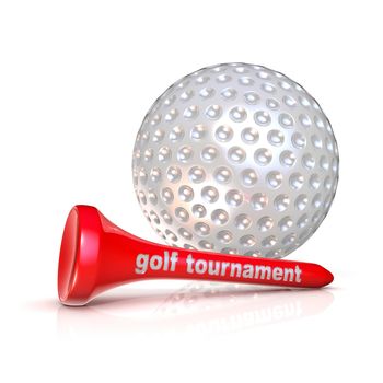 Golf ball and tee. Golf tournament sign. Isolated over white background. 3D render illustration