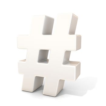 Hashtag, number mark 3D white sign isolated on white background