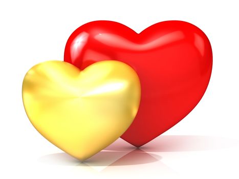 Red and gold hearts. 3D render illustration isolated on white background. Front view