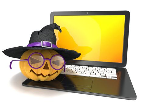 Laptop with funny Jack O Lantern and Halloween witch hat. 3D render illustration isolated on white background