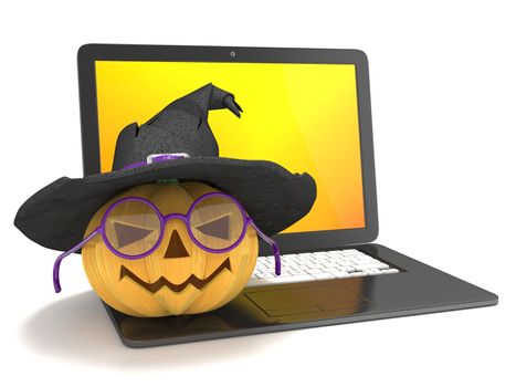 Laptop with funny Jack O Lantern and Halloween witch hat. 3D render illustration isolated on white background